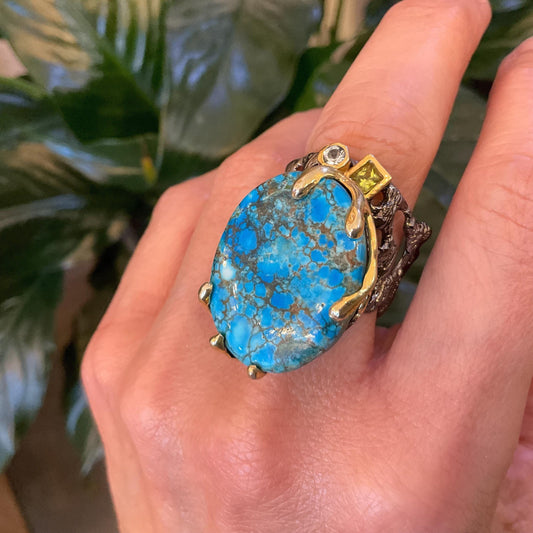 Sterling Silver Genuine Turquoise huge oval brutalist band ring 10