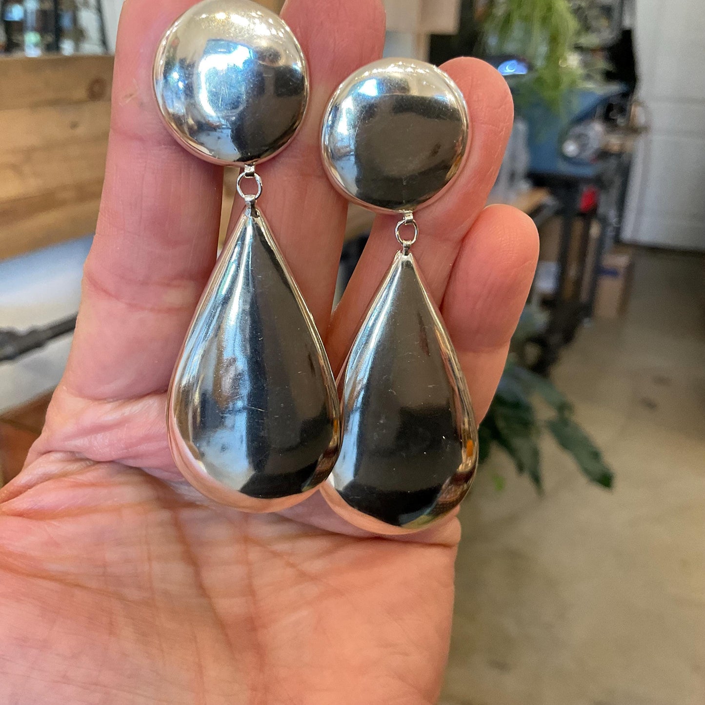 sterling silver Modernist oversize long vintage pear shape  Earrings