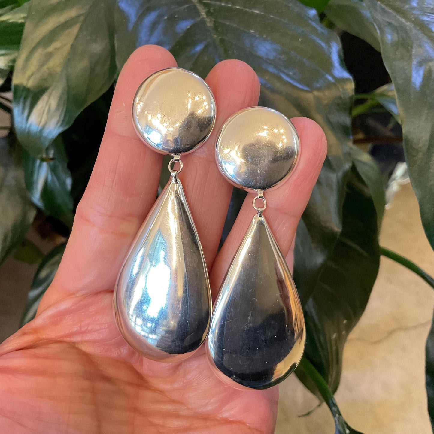 sterling silver Modernist oversize long vintage pear shape  Earrings