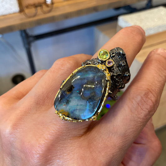 sterling silver natural boulder opal band ring 8