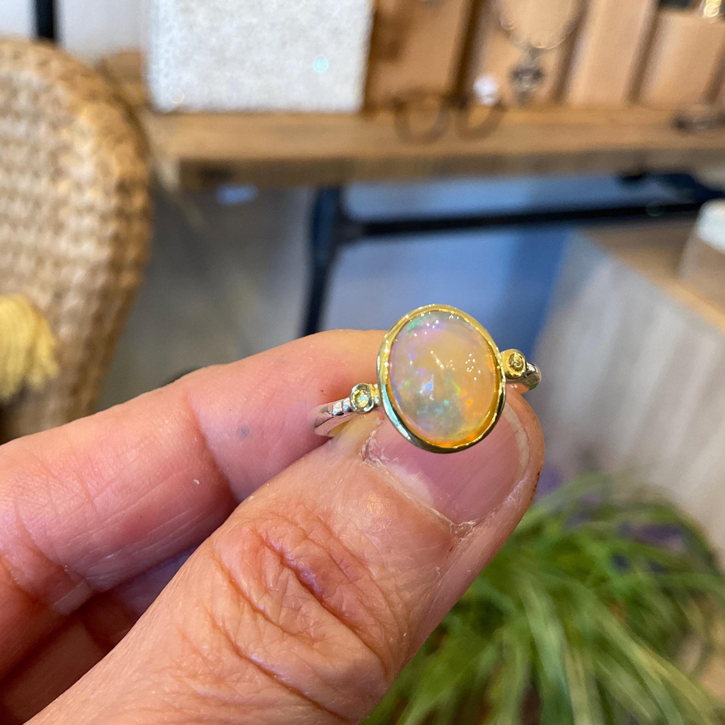 sterling silver rainbow natural heirloom opal band Etnika  ring 8
