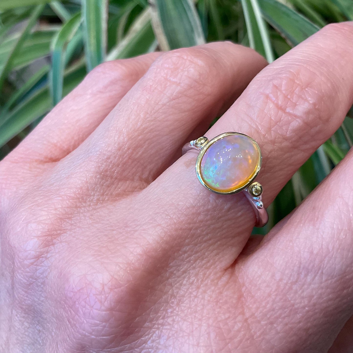 sterling silver rainbow natural heirloom opal band Etnika  ring 8