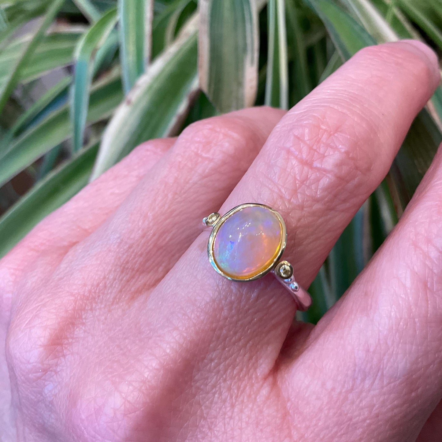 sterling silver rainbow natural heirloom opal band Etnika  ring 8