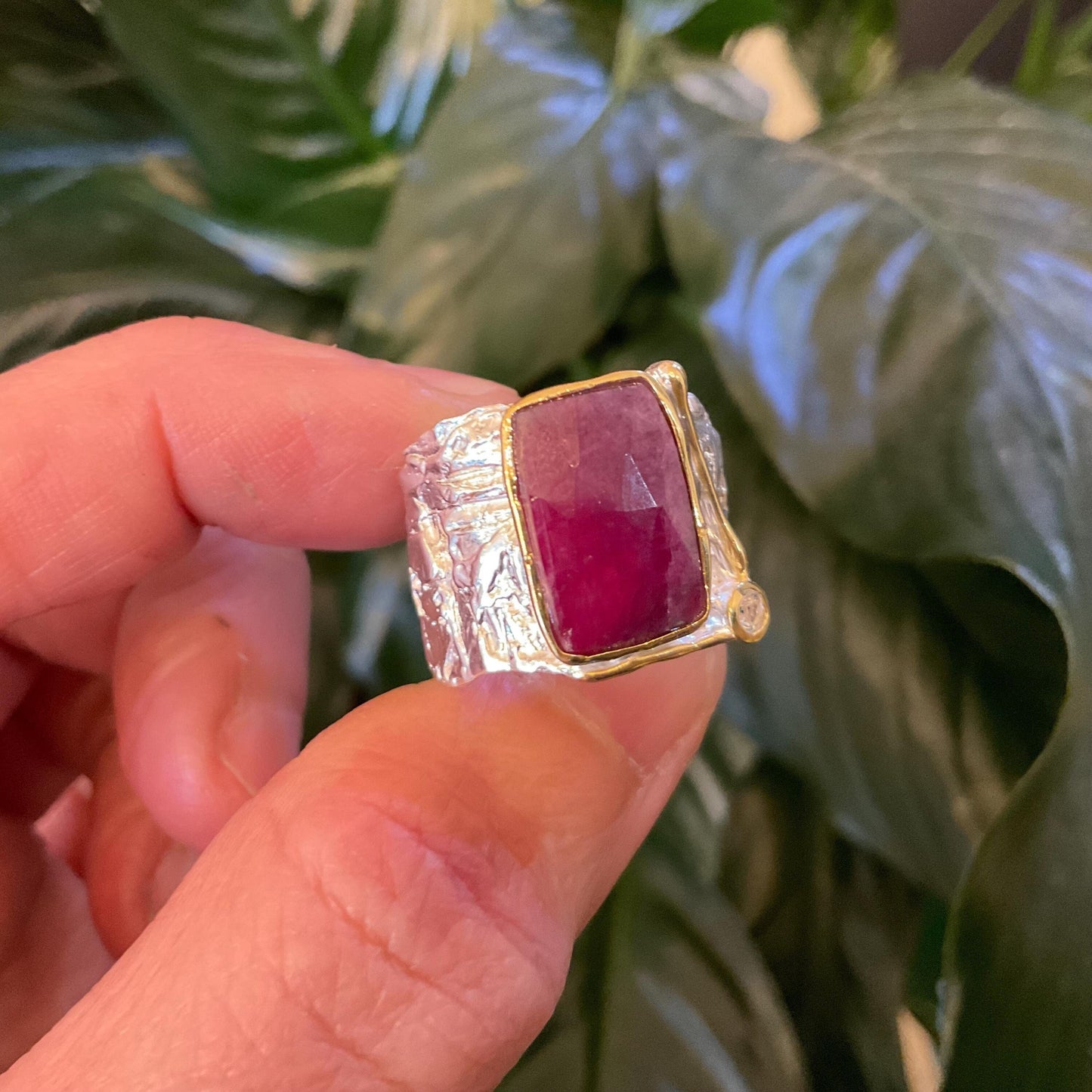 Sterling silver natural ruby wide band ring 6.5