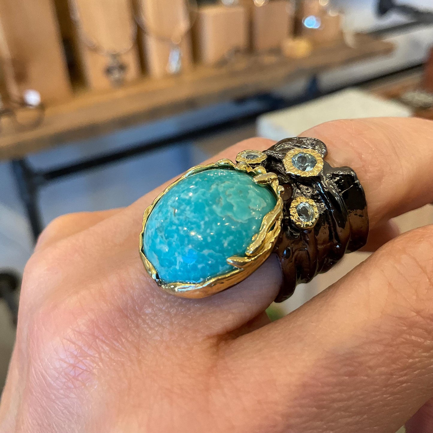 Sterling silver natural turquoise topaz band ring 7