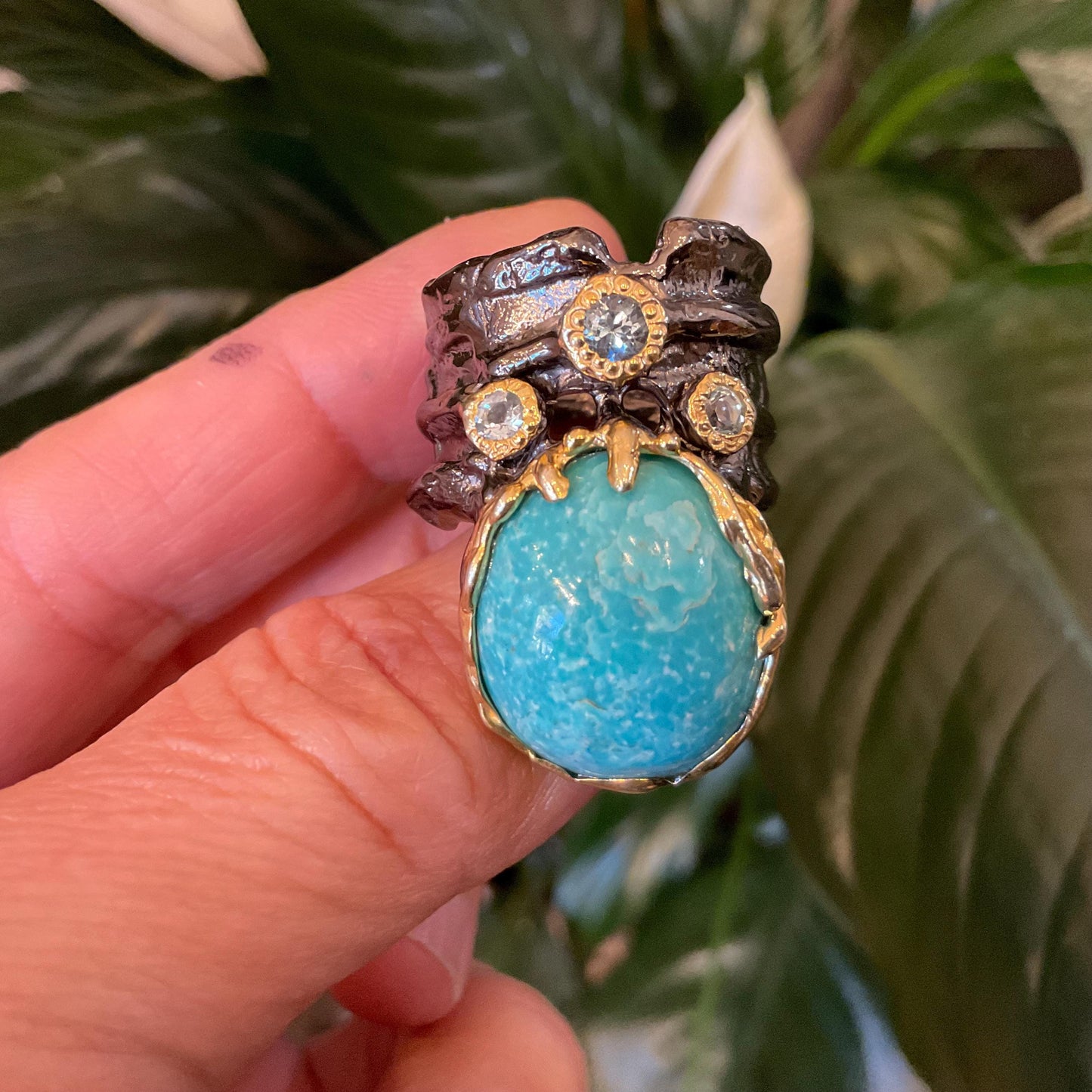 Sterling silver natural turquoise topaz band ring 7