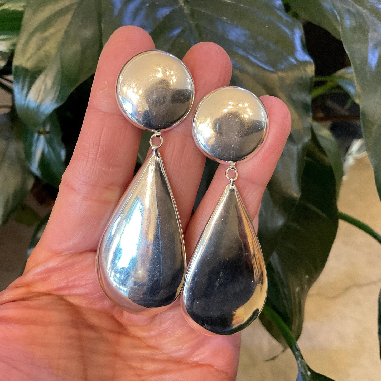 sterling silver Modernist oversize long vintage pear shape  Earrings
