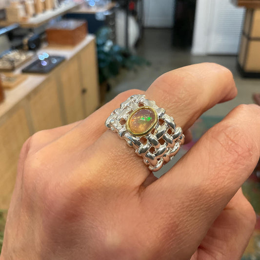 sterling silver natural rainbow natural opal band ring 8