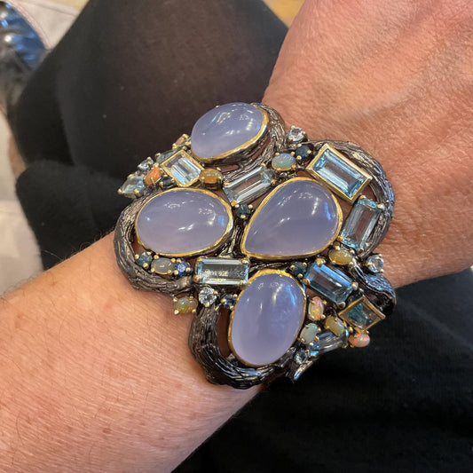 Sterling silver natural opal blue topaz chalcedony cuff bangle bracelet