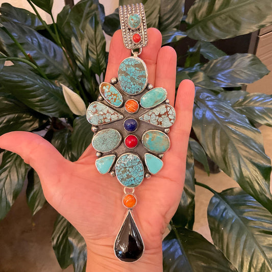 Sterling silver turquoise spiny oyster coral onyx massive enhancer pendant