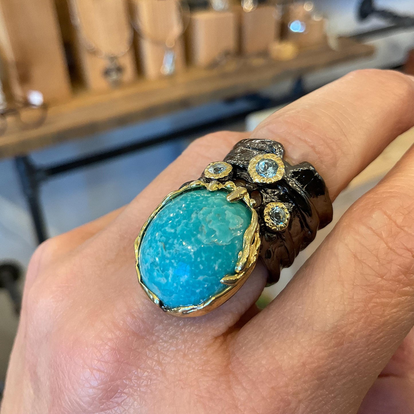 Sterling silver natural turquoise topaz band ring 7