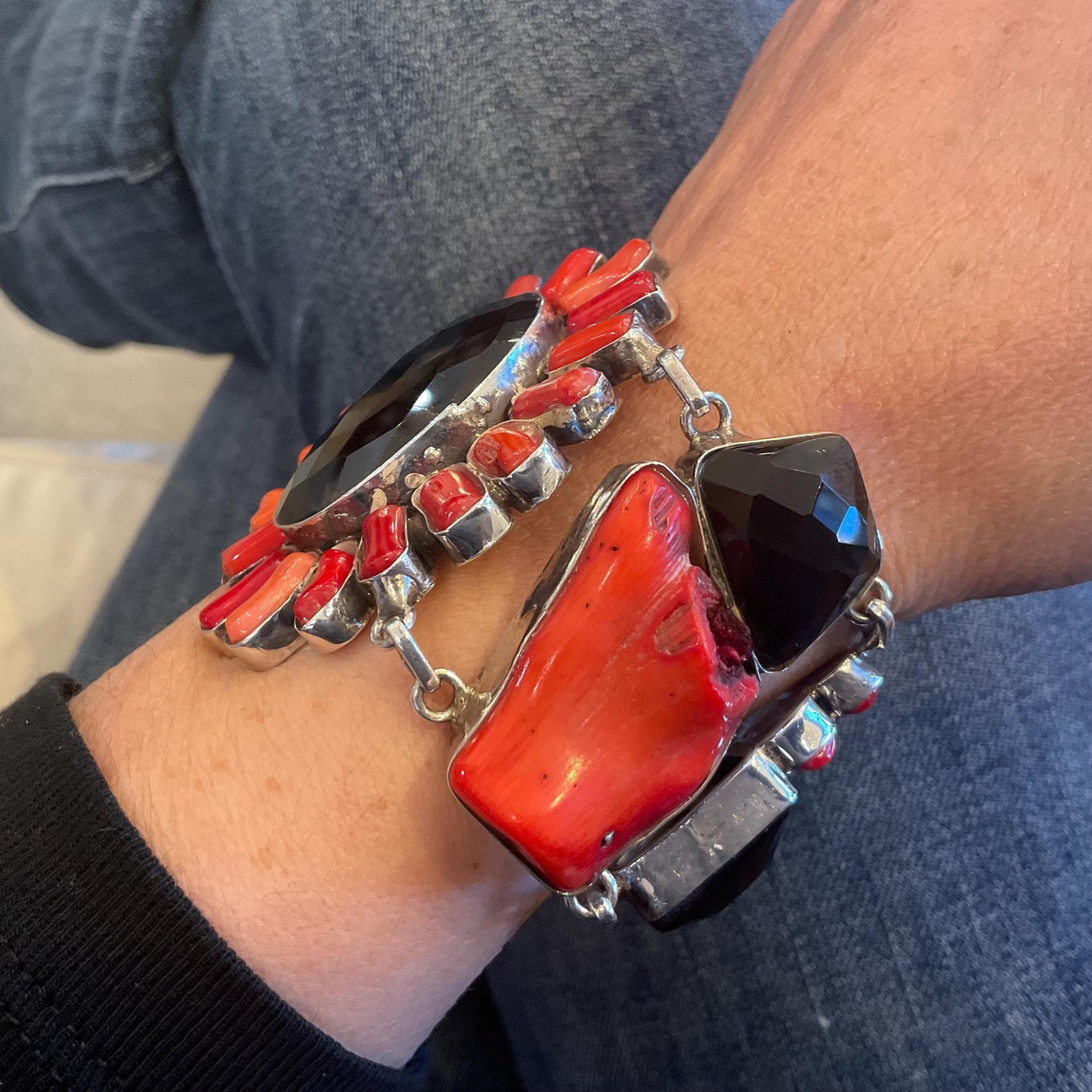 sterling silver red coral black onyx wide statement huge vintage bracelet