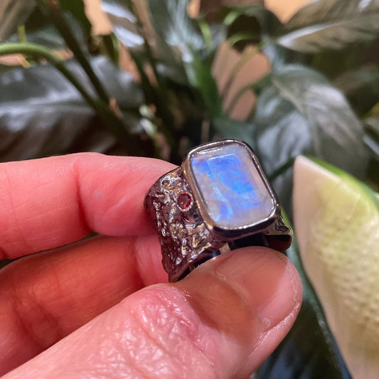 Sterling silver natural moonstone  rhodolite emerald cut rustic band ring 9