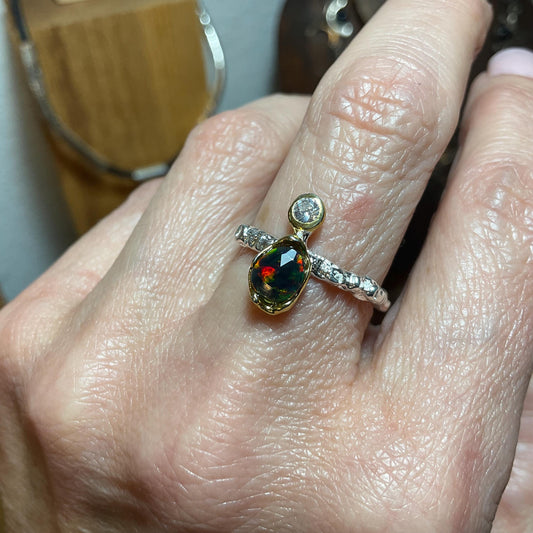 Sterling Silver Natural fire black opal dainty Ring 7.5