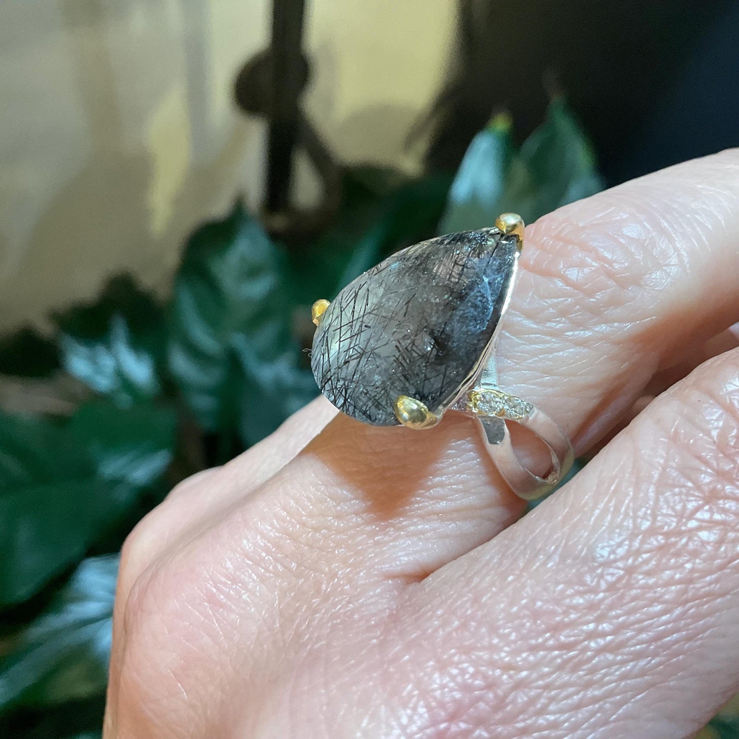 sterling silver rutilated quartz ribbons pear shape ring 7.5
