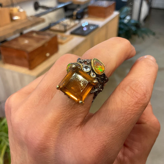 sterling silver natural citrine fire opal topaz  band ring 7