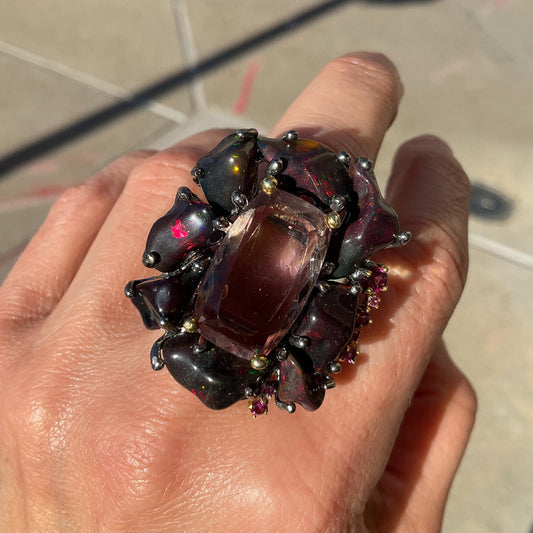 Sterling Silver Ametrine amethyst heirloom Fire Rainbow Huge opal rhodolite ring 7.5