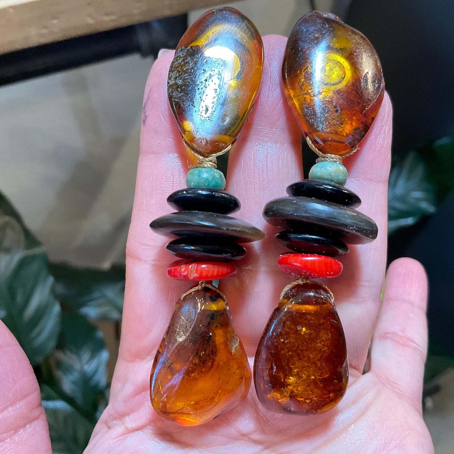 Sterling Silver natural Amber coral jade horn oversize  statement earrings