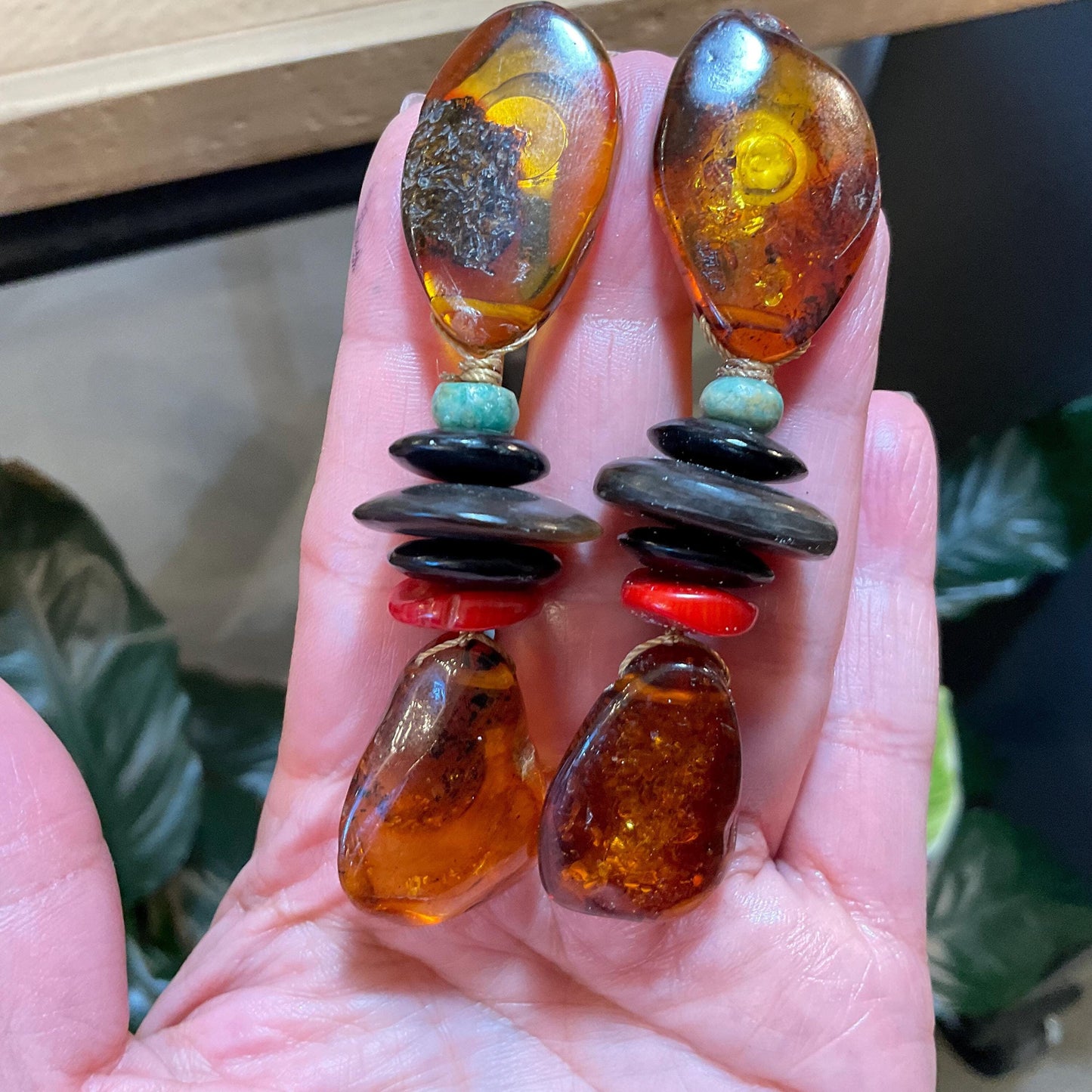 Sterling Silver natural Amber coral jade horn oversize  statement earrings