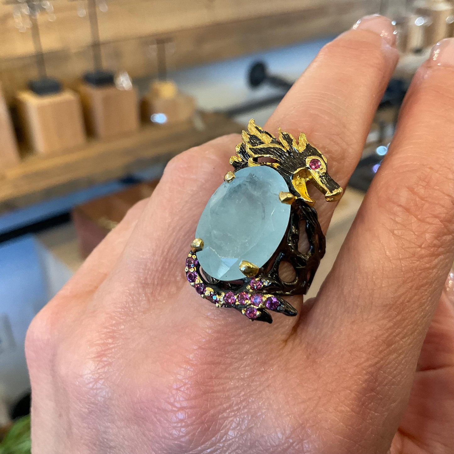 Sterling Silver blue aquamarine ring rhodolite dragon band ring 8 RESERVED Do NOT Buy