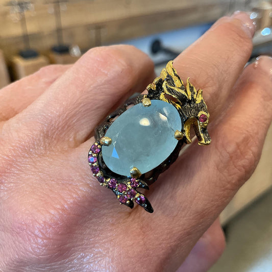 Sterling Silver blue aquamarine ring rhodolite dragon band ring 8