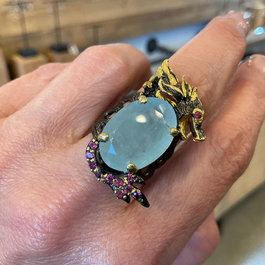 Sterling Silver blue aquamarine ring rhodolite dragon band ring 8 RESERVED Do NOT Buy