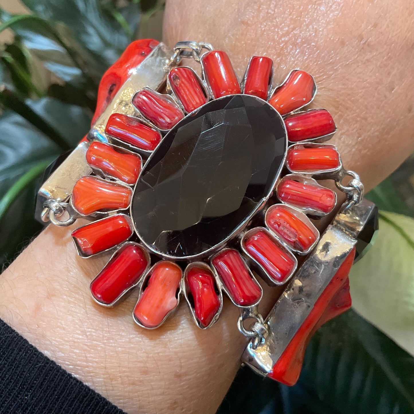 sterling silver red coral black onyx wide statement huge vintage bracelet