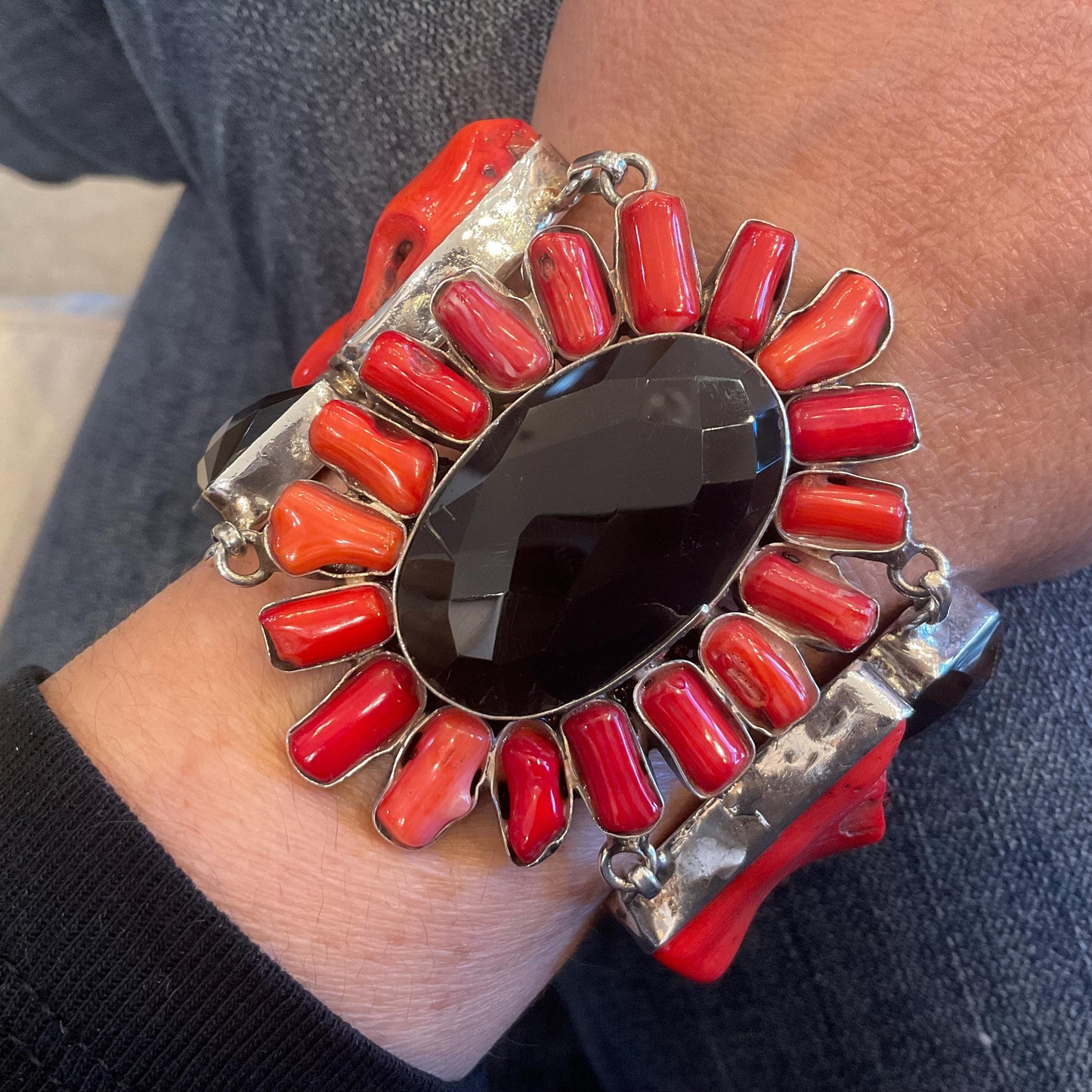 sterling silver red coral black onyx wide statement huge vintage bracelet