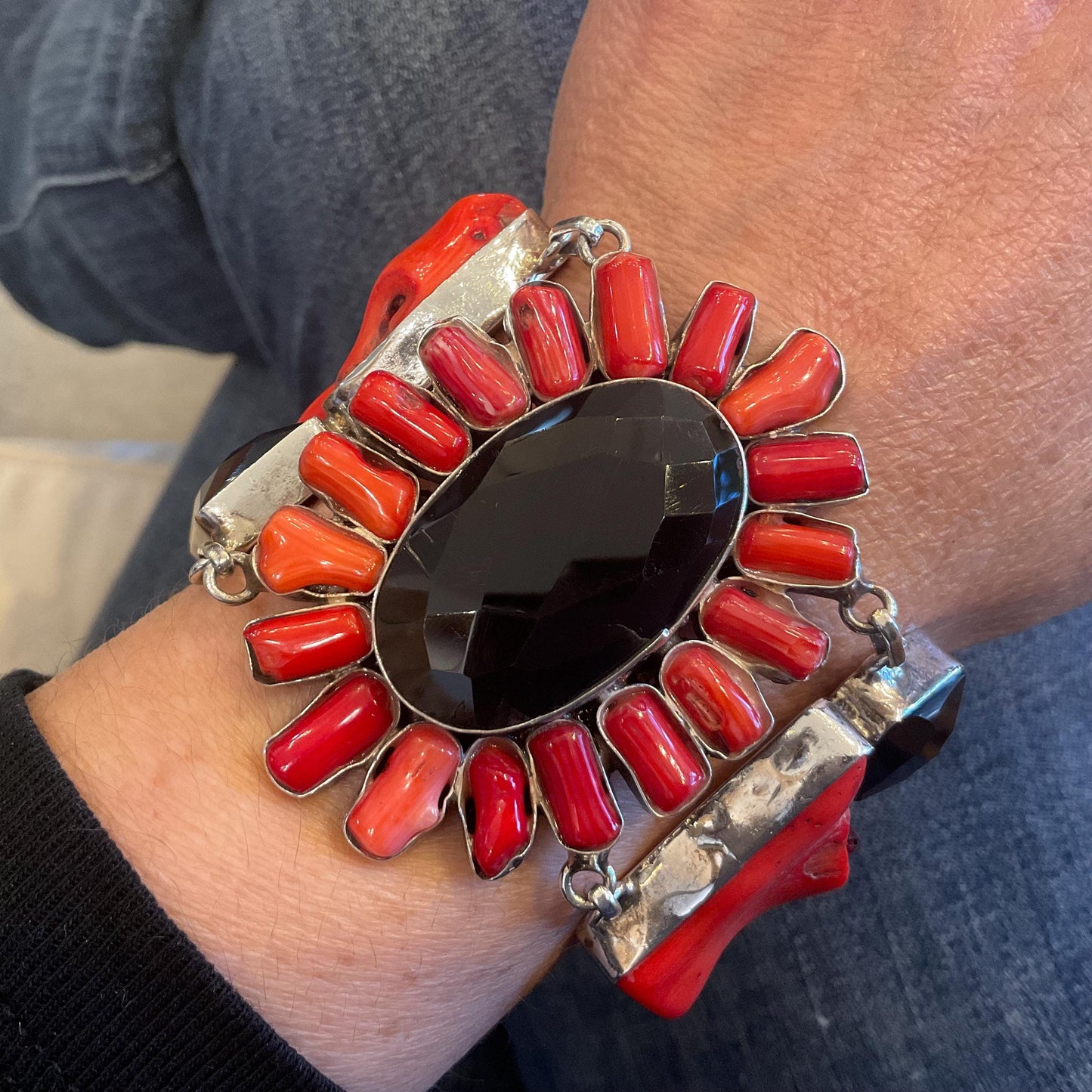 sterling silver red coral black onyx wide statement huge vintage bracelet