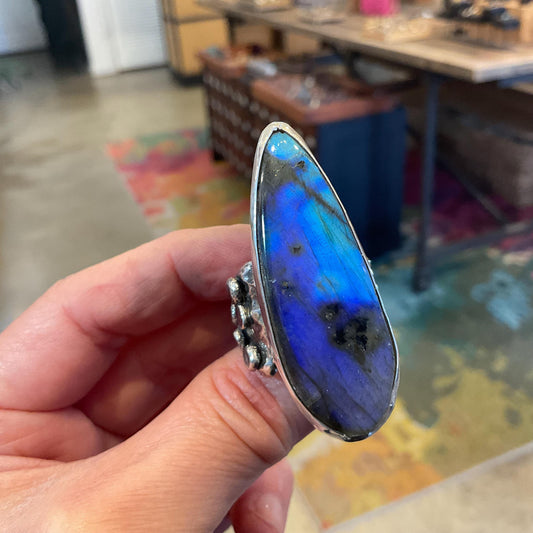 Sterling Statement blue spectrolite labradorite modernist cuff ring 8 9 10 11