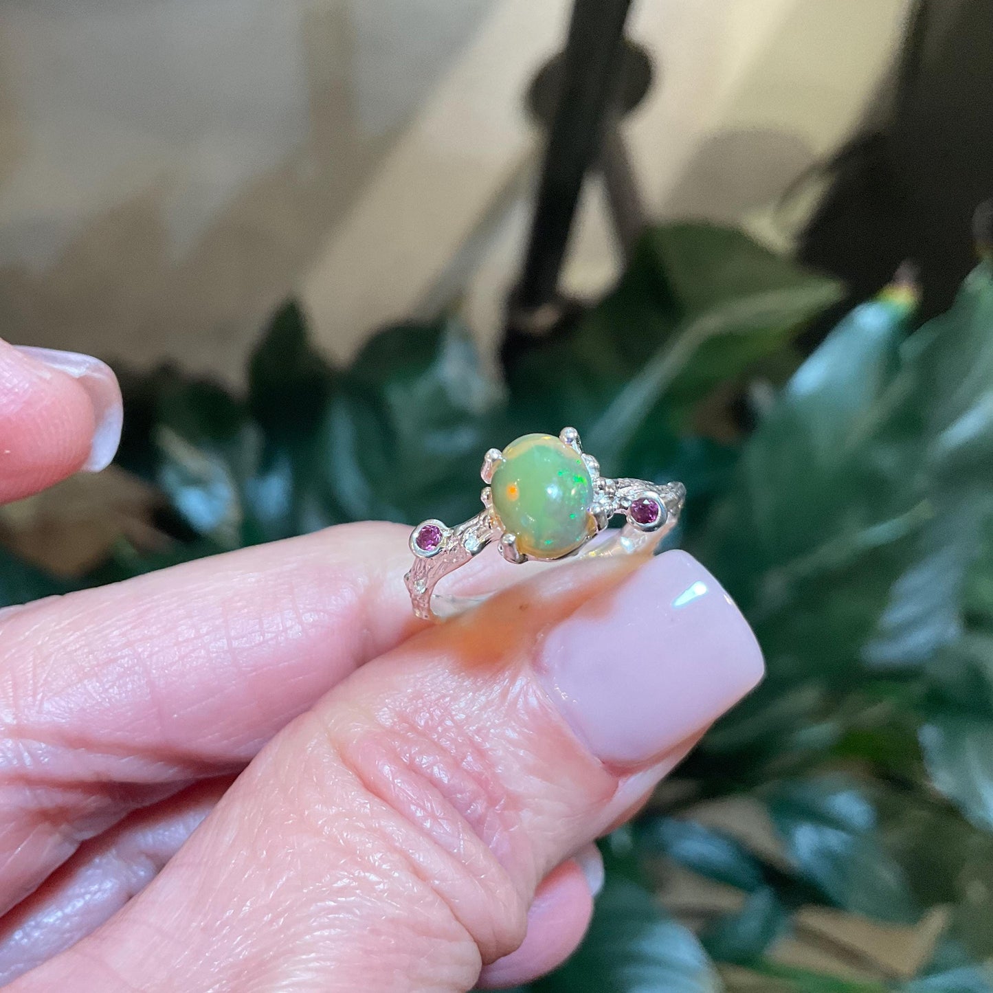 Sterling Silver Natural rainbow opal rhodolite dainty Ring 7.5