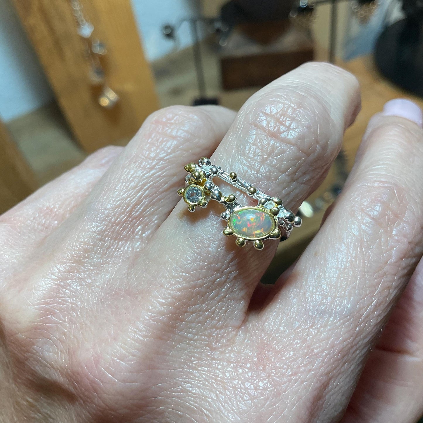 Sterling Silver Natural rainbow opal topaz dainty Ring 7.5