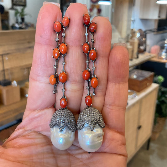 Sterling Silver natural  coral oversize baroque pearl  statement earrings