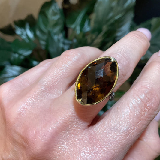 Sterling silver Marquis natural cognac quartz statement ring 7.5