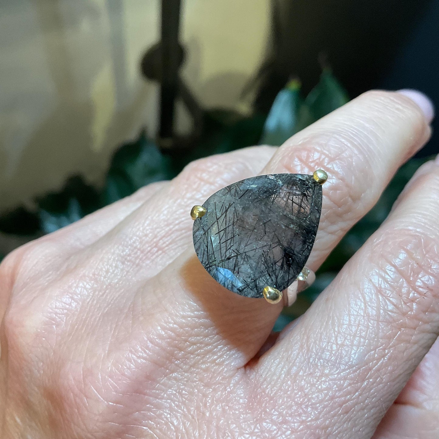 sterling silver rutilated quartz ribbons pear shape ring 7.5