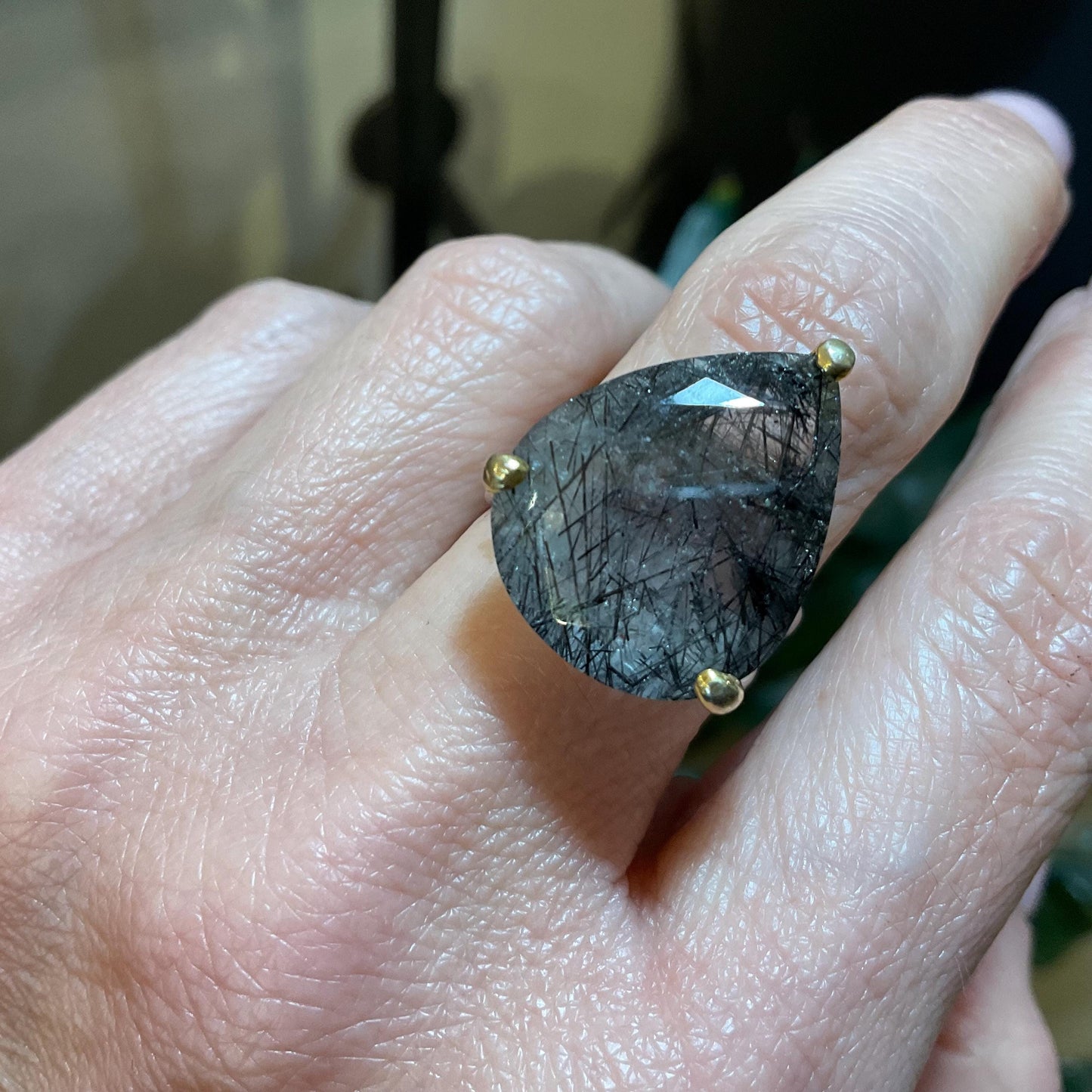 sterling silver rutilated quartz ribbons pear shape ring 7.5
