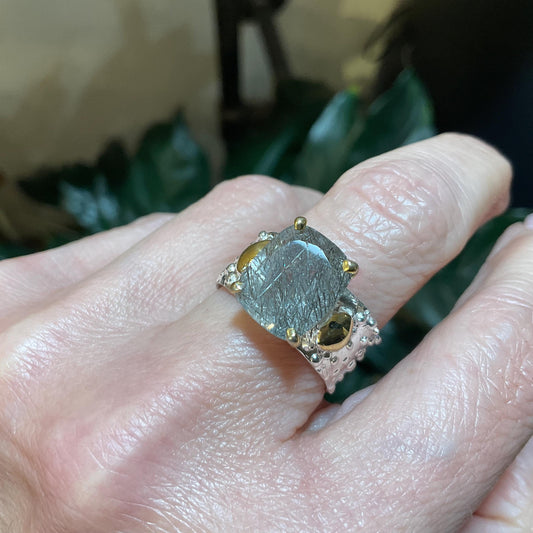 Sterling silver natural rutilated quartz  band ring 9