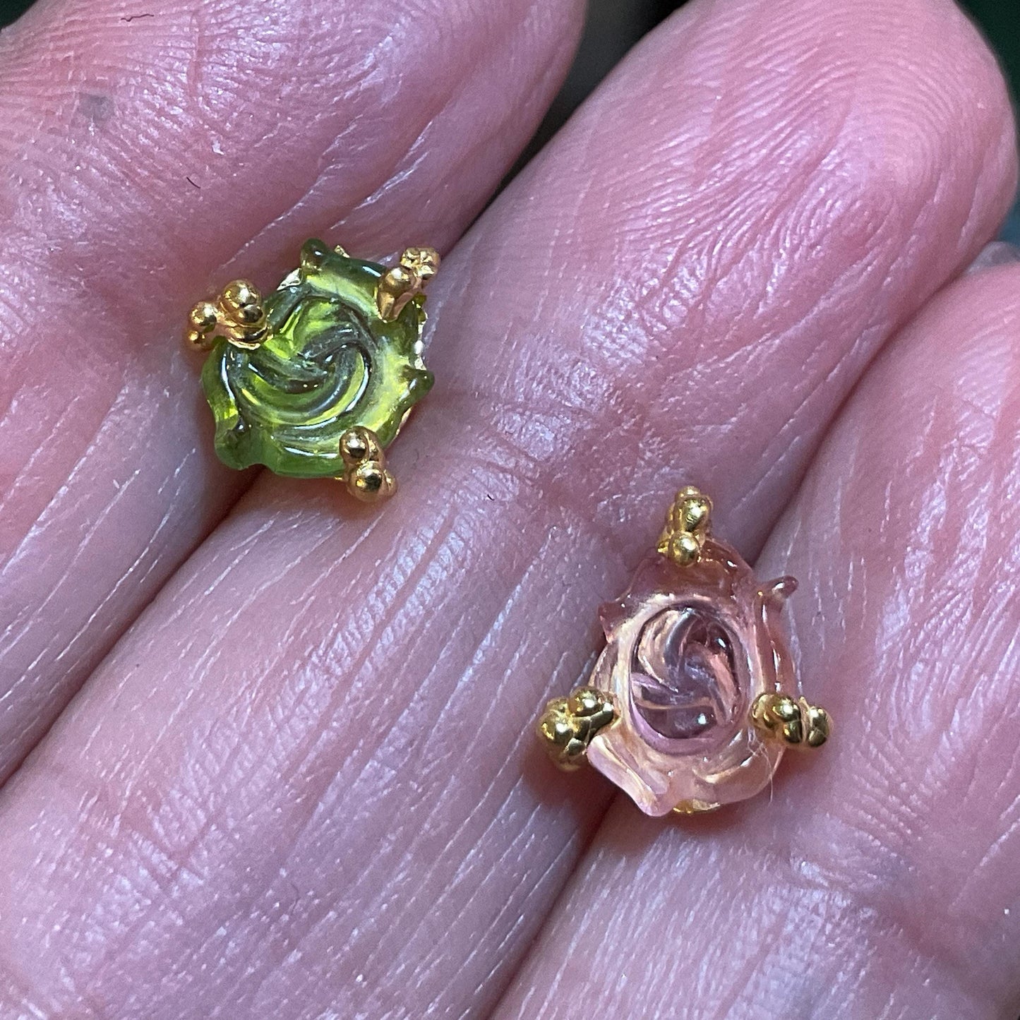 sterling Silver green pink gold tourmaline carved rose flower stud earrings