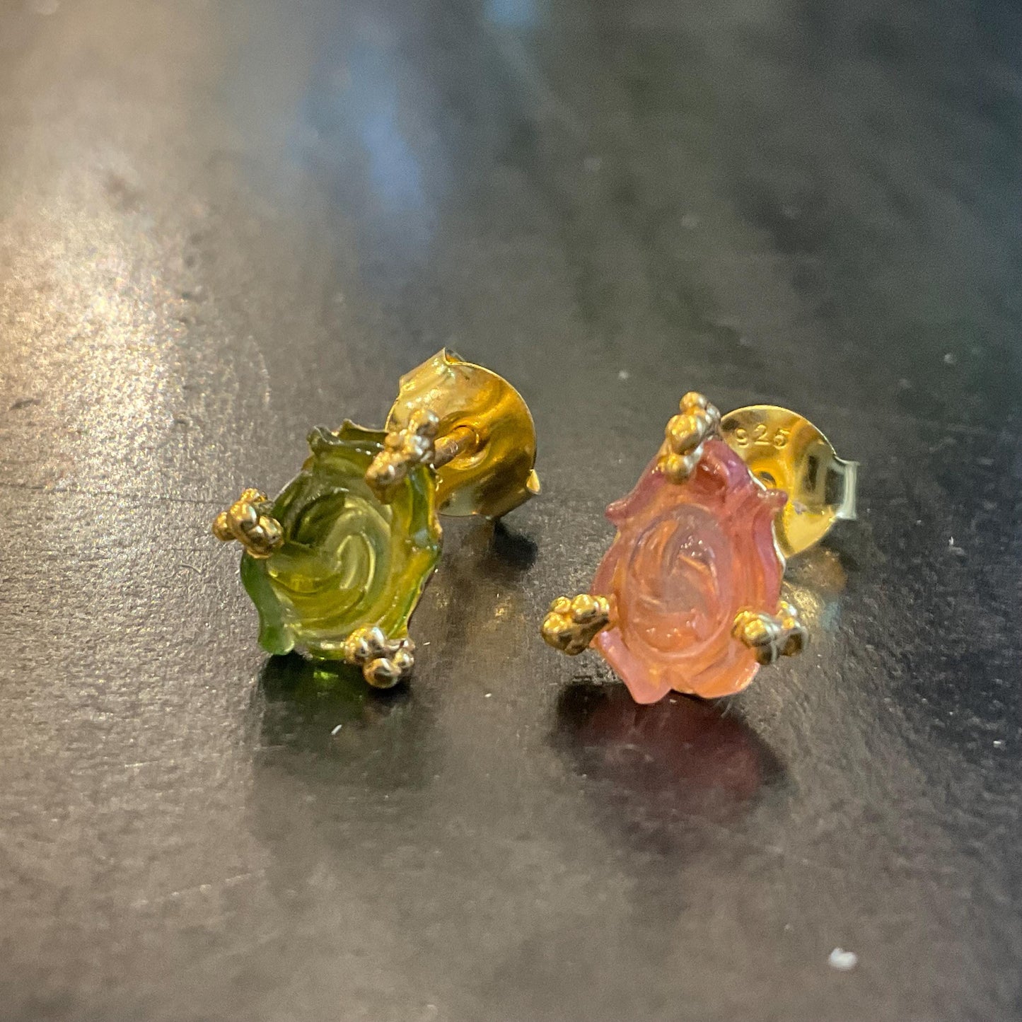 sterling Silver green pink gold tourmaline carved rose flower stud earrings