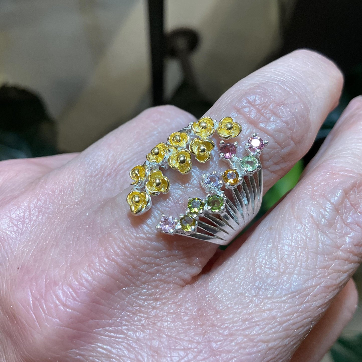 Sterling Silver Flower Tourmaline Ring - Adjustable Open Cuff