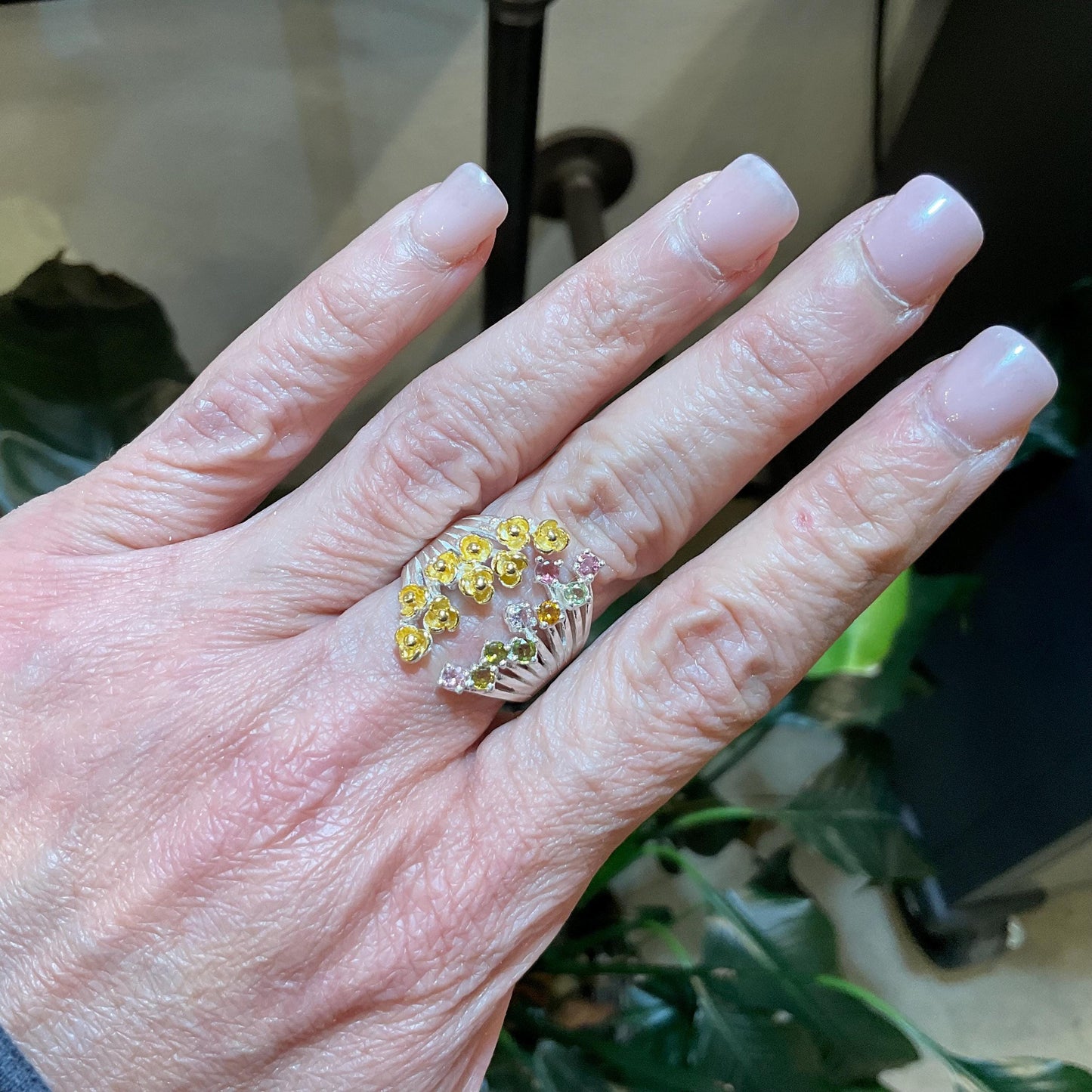 Sterling Silver Flower Tourmaline Ring - Adjustable Open Cuff