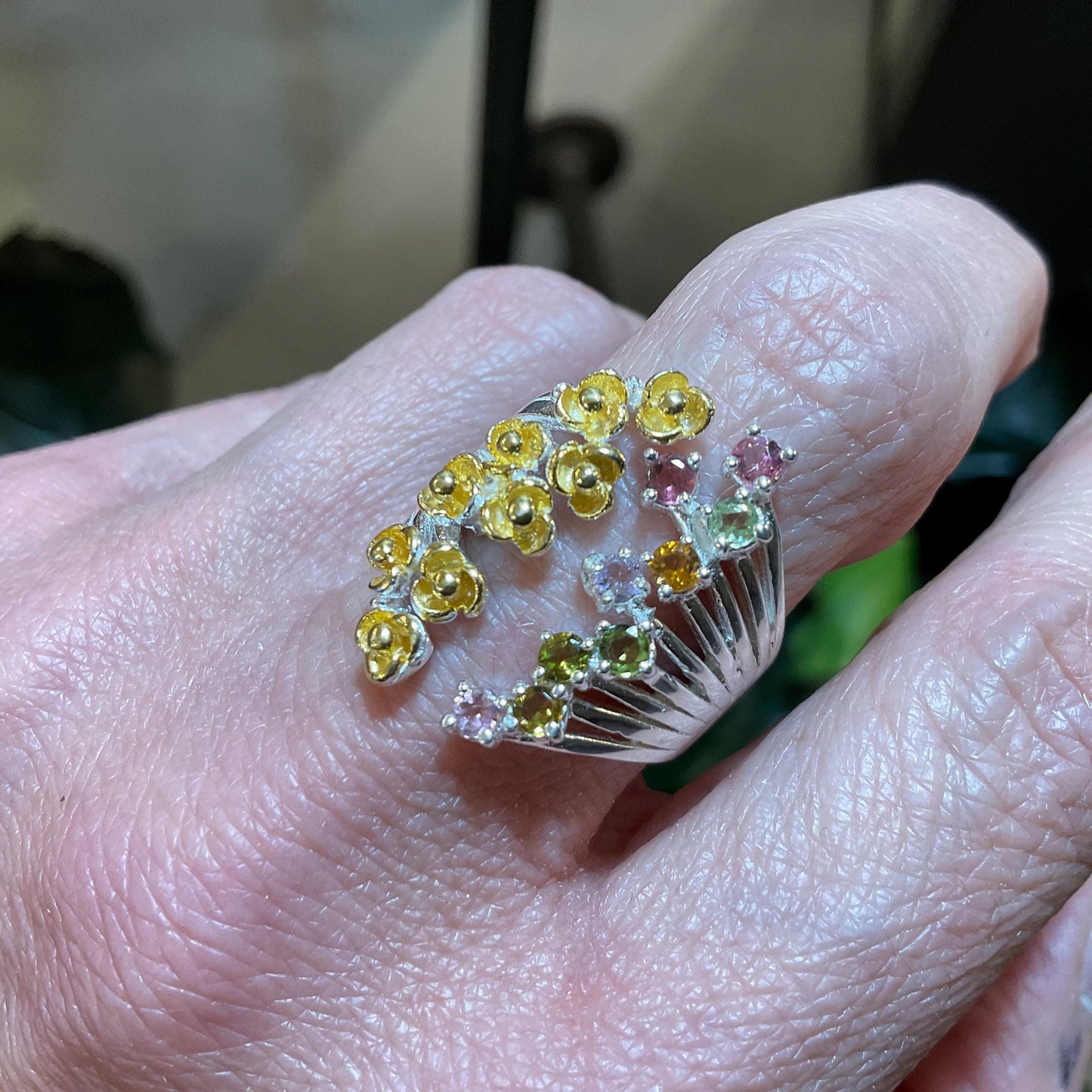 Sterling Silver Flower Tourmaline Ring - Adjustable Open Cuff