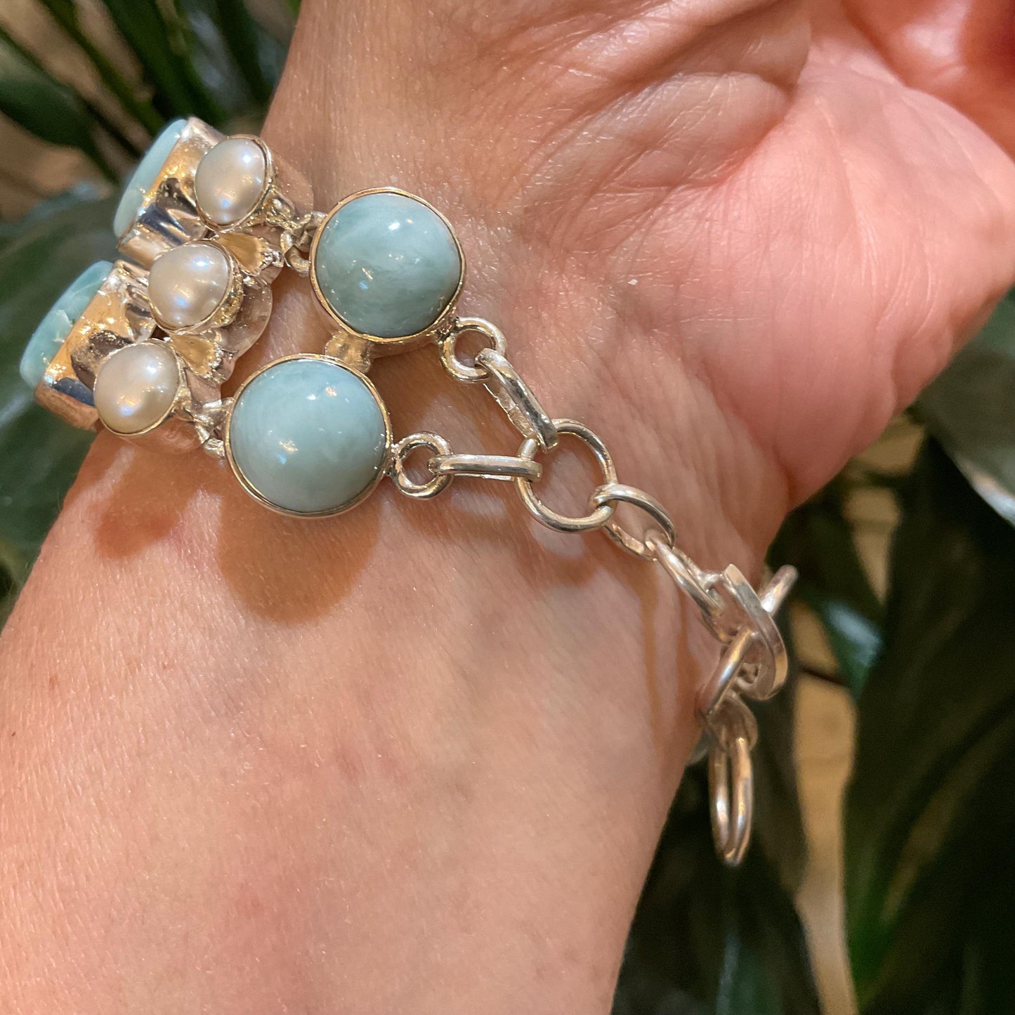 sterling silver Dominican larimar white natural pearl cluster bracelet