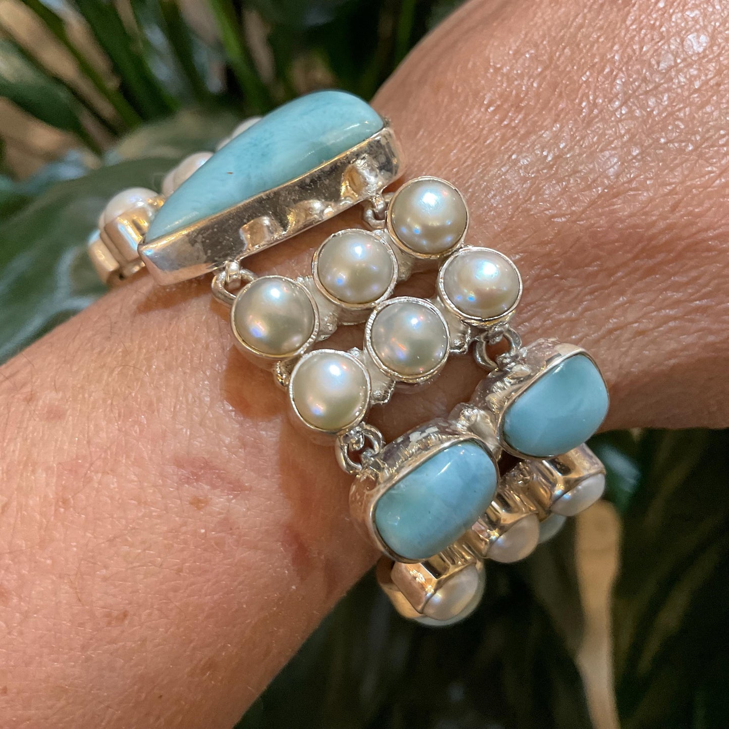 sterling silver Dominican larimar white natural pearl cluster bracelet