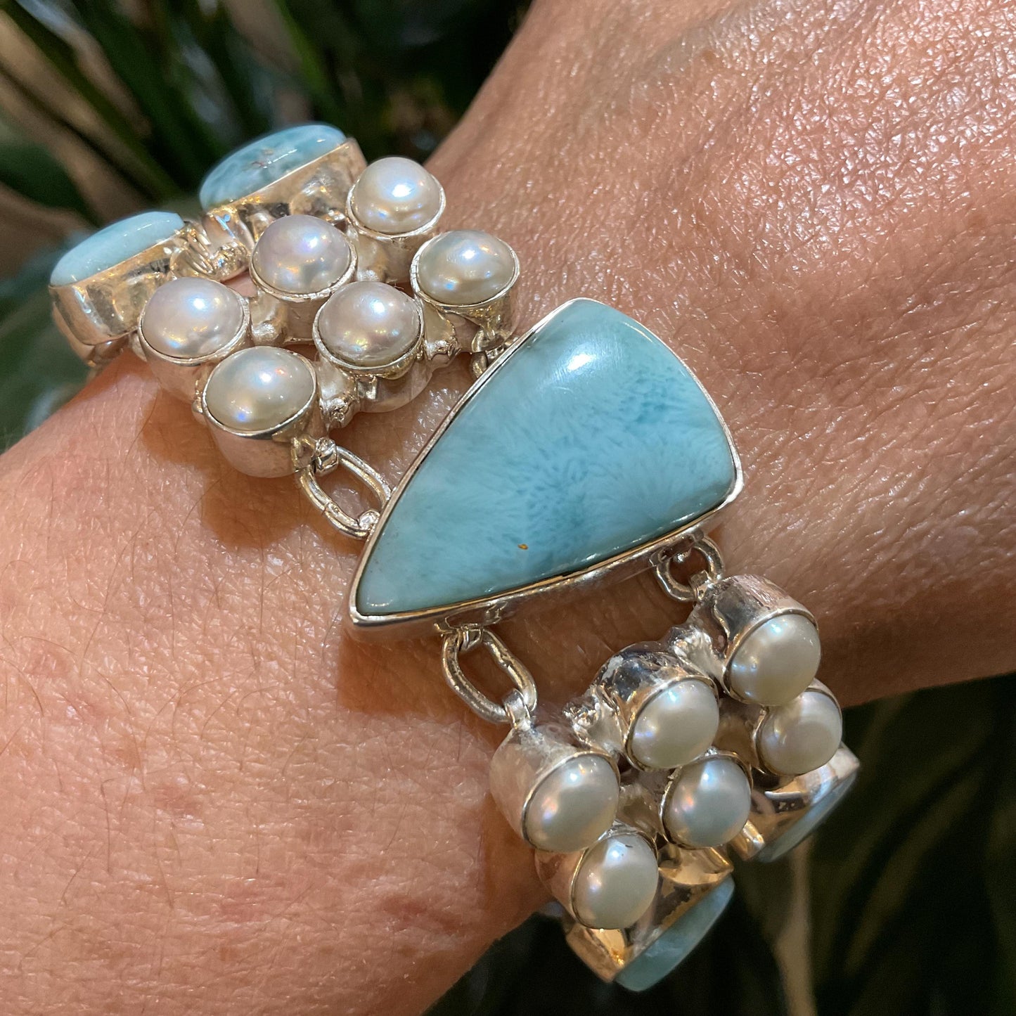 sterling silver Dominican larimar white natural pearl cluster bracelet