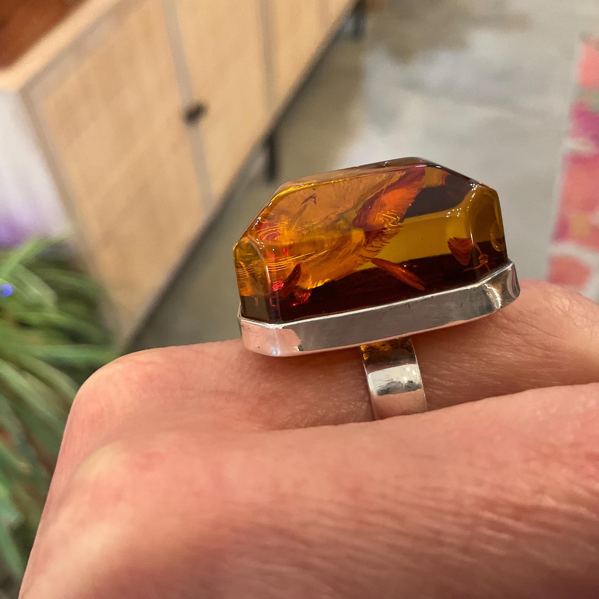 sterling silver emerald cut Baltic amber modernist ring 8.5-9 Colors Of Etnika
