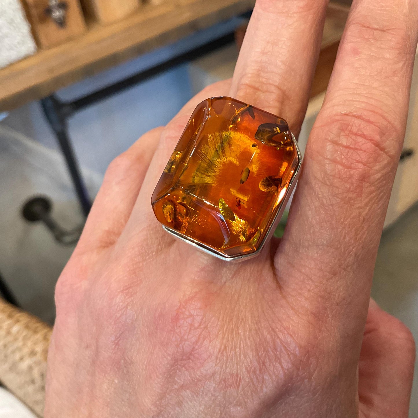 sterling silver emerald cut Baltic amber modernist ring 8.5-9 Colors Of Etnika