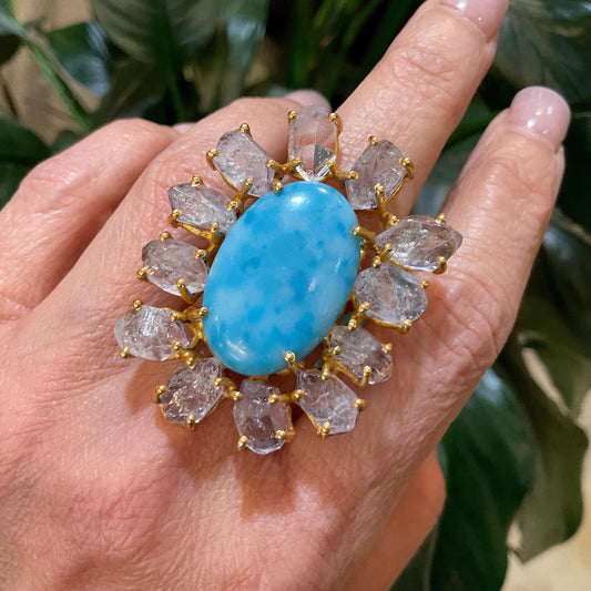 Sterling Statement turquoise moonstone huge gold ring 6.5 7