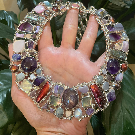 sterling silver amethyst pearl  multi gemstone necklace