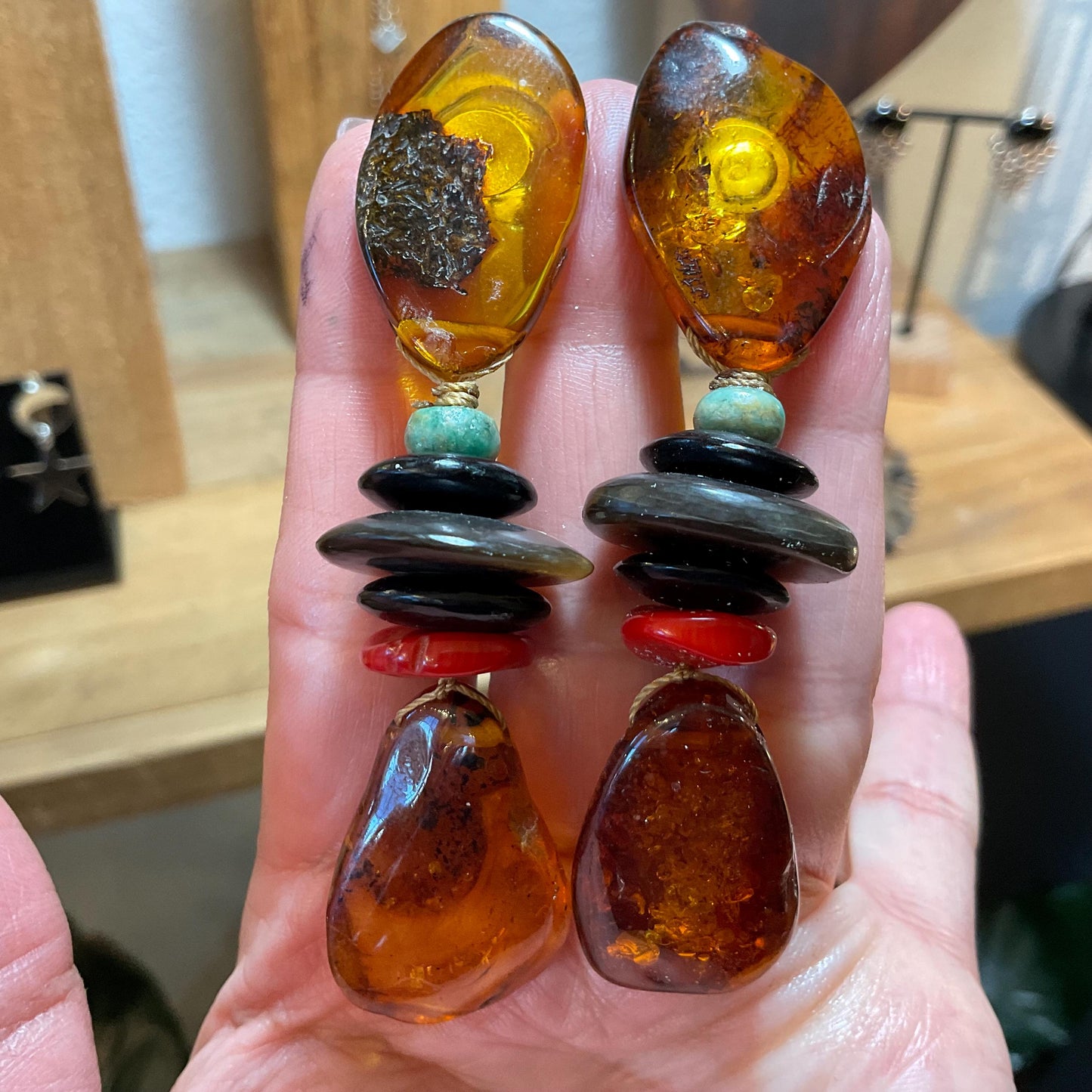 Sterling Silver natural Amber coral jade horn oversize  statement earrings